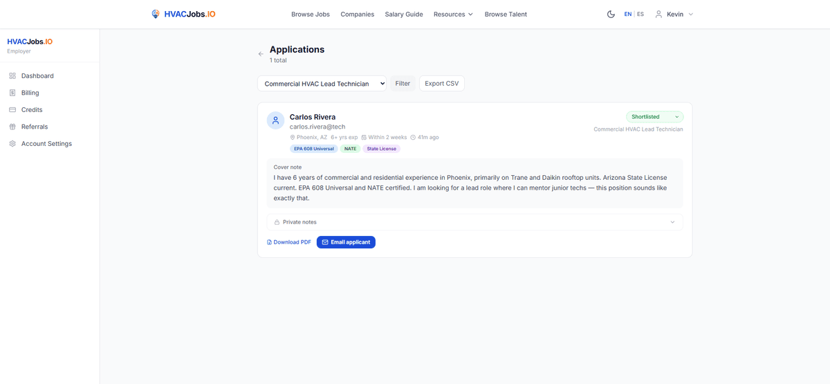 Applicant tracking view showing technician profiles with certifications