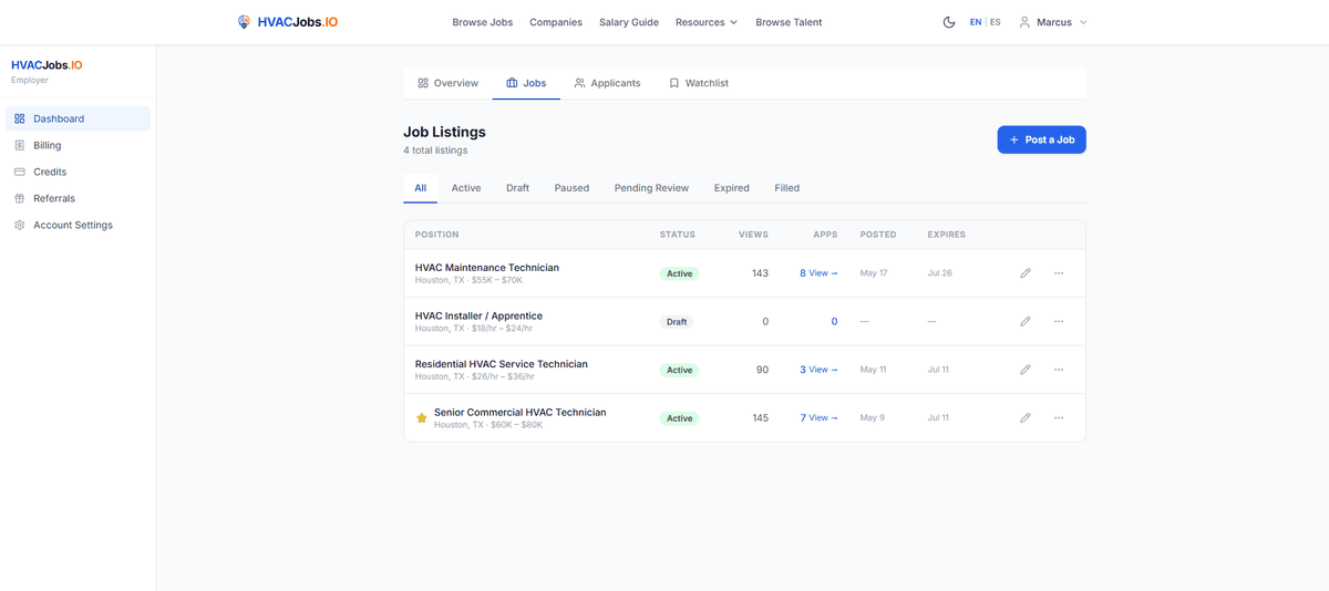 Employer dashboard showing active job listings and applicant count