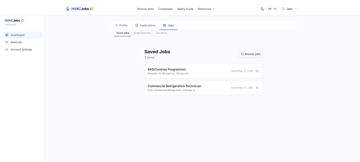 Technician dashboard showing saved jobs and job alerts