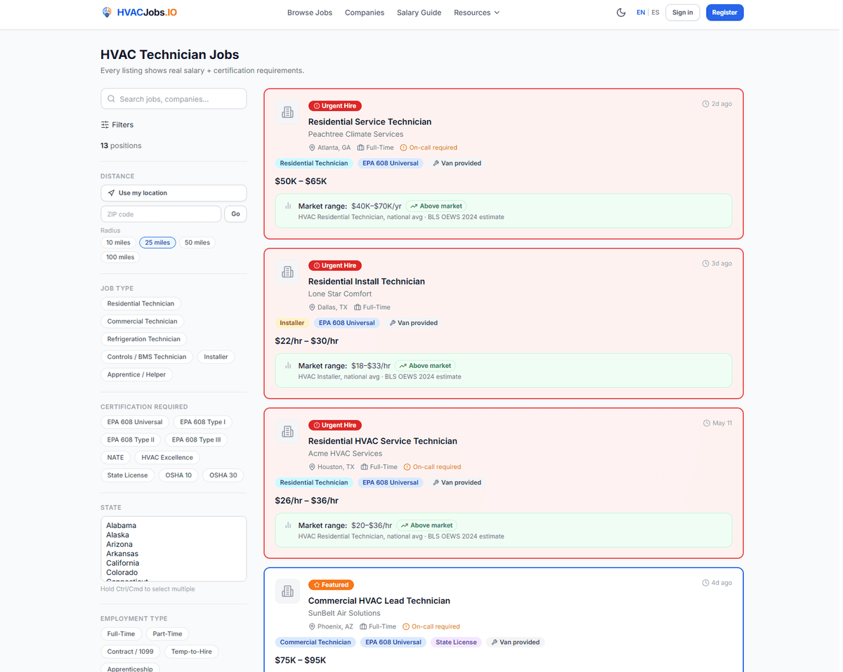 HVAC job search page with certification and salary filters